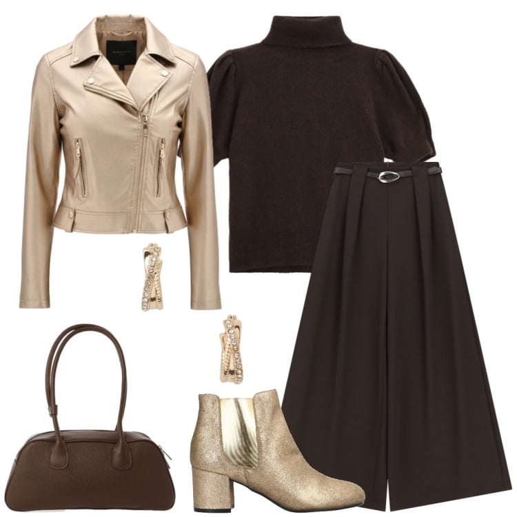 Outfit donna - Total look #2339457. Stile Casual chic per Tutti i giorni. Abbinamento con stivaletti chelsea, giacche, pantaloni a palazzo, orecchini, maglieria, borse a mano.