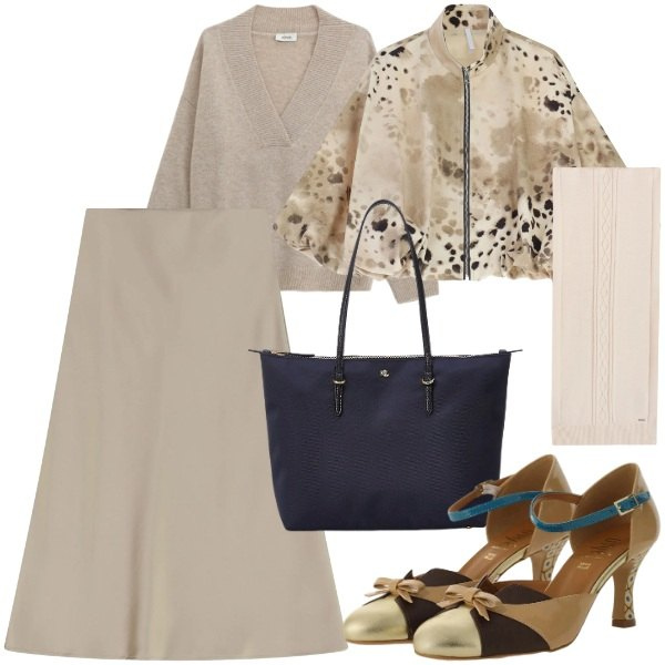 Outfit donna - Febbraio in tonalità soft - Focus Donna. Stile Trendy per Ufficio. Abbinamento con gonne longuette, bomber, décolleté, maglieria, sciarpe, borse tote.