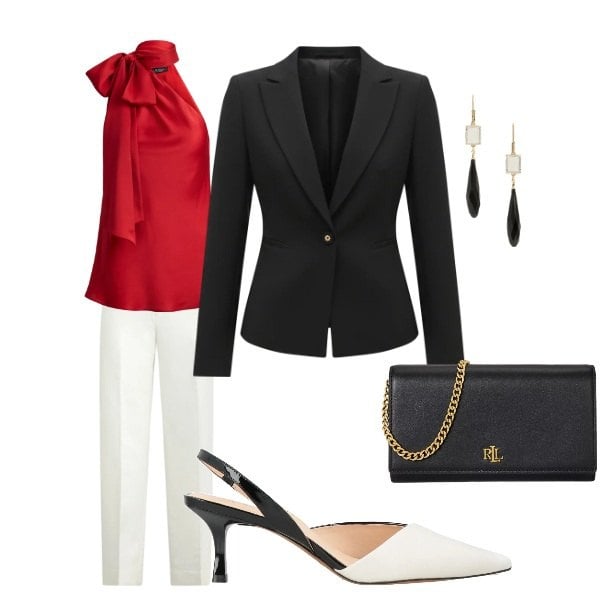 Outfit donna - fiocco. Stile Chic per Serata fuori. Abbinamento con décolleté, blazer, top, borse a tracolla, orecchini, pantaloni.