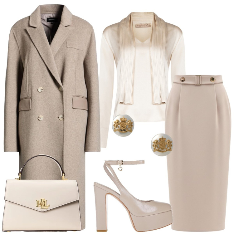 Outfit donna - Total look #2339478. Stile Chic per Tutti i giorni. Abbinamento con cappotti, décolleté, gonne longuette, bluse, orecchini, borse a mano.