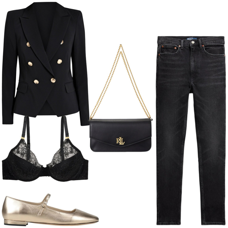 Outfit donna - Denim di sera. Stile Glamour per Serata fuori. Abbinamento con ballerine, blazer, jeans slim fit, reggiseni, borse a spalla.