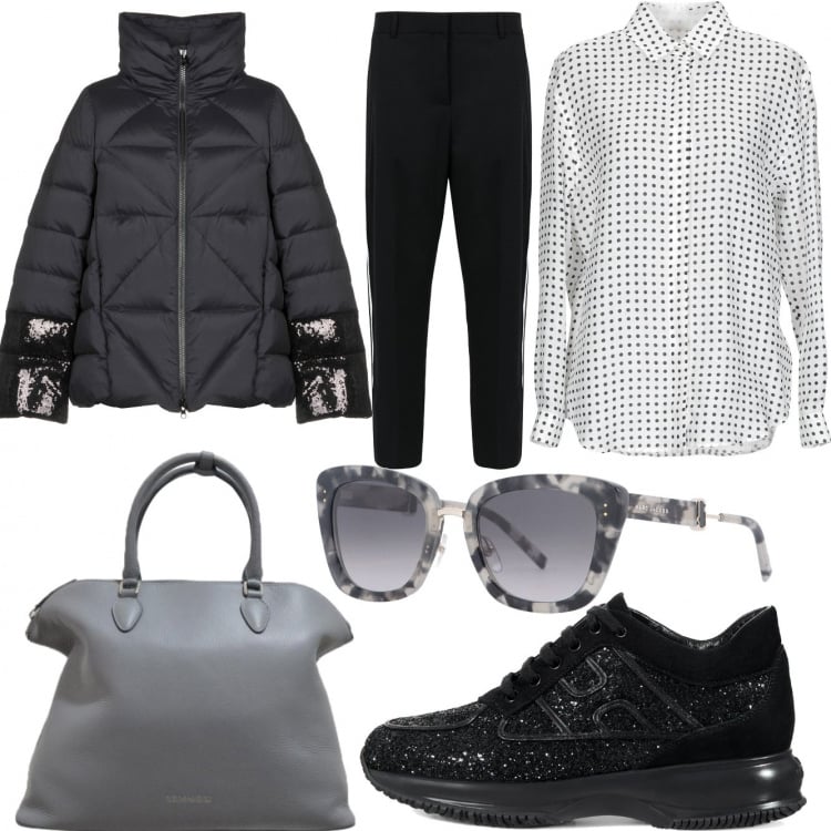 Outfit donna - Chic #1535. Stile Chic per Scuola/Università. Abbinamento con piumino con paillettes collo alto a maniche lunghe con zip in tessuto tecnico tinta unita, occhiali da sole lenti sfumate in montatura in metallo, pantaloni, camicia a pois collo classico a maniche lunghe in lino con bottoni, scarpe stringate glitter, borsa a mano con zip interno foderato con tasca interna.