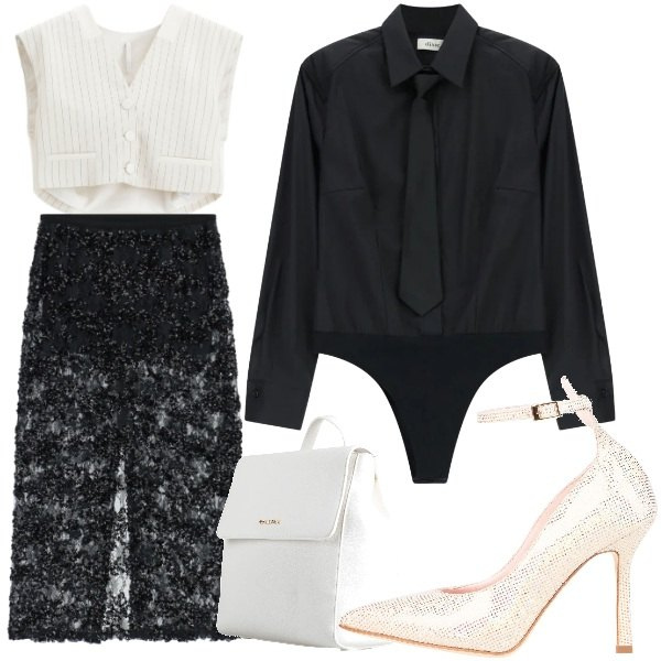 Outfit donna - La Forza delle Donne. Stile Glamour per Cerimonia. Abbinamento con zaini, décolleté, gonne longuette, gilet, camicie.