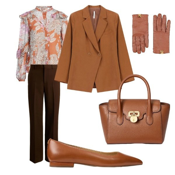 Outfit donna - caramello. Stile Basic per Tutti i giorni. Abbinamento con guanti, camicie, blazer, borse a mano, ballerine, pantaloni.