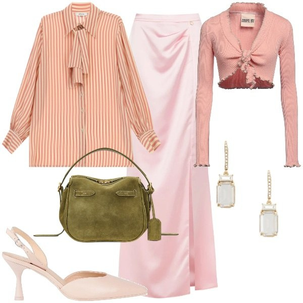 Outfit donna - Love is in the air. Stile Romantica per Serata fuori. Abbinamento con décolleté, top, camicie, gonne lunghe, borse a mano, orecchini.