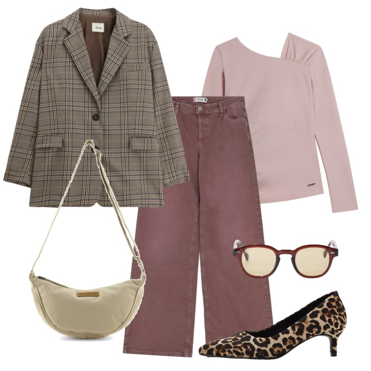 Outfit donna - Mezzi tacchi. Stile Casual chic per Tutti i giorni. Abbinamento con décolleté, occhiali da sole, blazer, maglieria, pantaloni a palazzo, borse a tracolla.