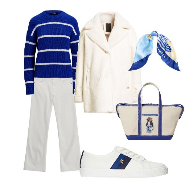 Outfit donna - blu oceano. Stile Casual per Tutti i giorni. Abbinamento con cappotti, jeans, sneakers, foulard, maglieria, borse tote.