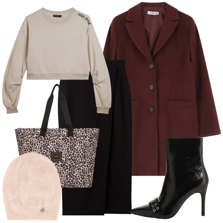 Outfit donna - Felpa e tubino. Stile Chic per Tutti i giorni. Abbinamento con stivaletti, cappelli, gonne longuette, cappotti, felpe, shopping bag.