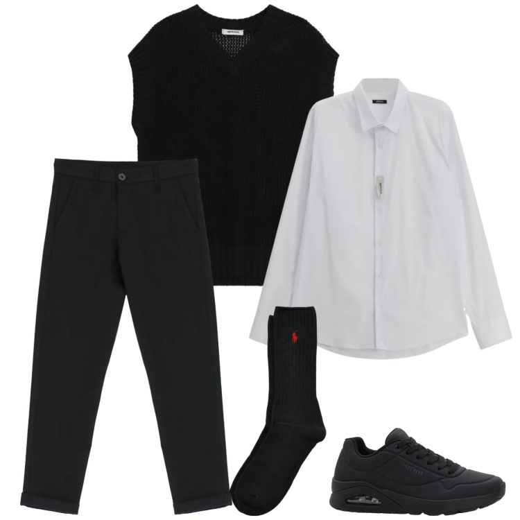 Outfit uomo - Total look #2339633. Stile Trendy per Serata speciale. Abbinamento con sneakers, pantaloni, camicie, maglieria, calzini.