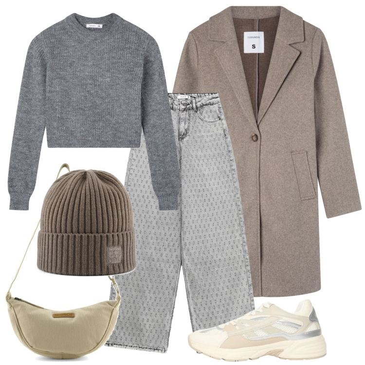 Outfit donna - Grigio basic. Stile Basic per Tutti i giorni. Abbinamento con maglieria, sneakers, cappotti, jeans, borse a tracolla, berretti.