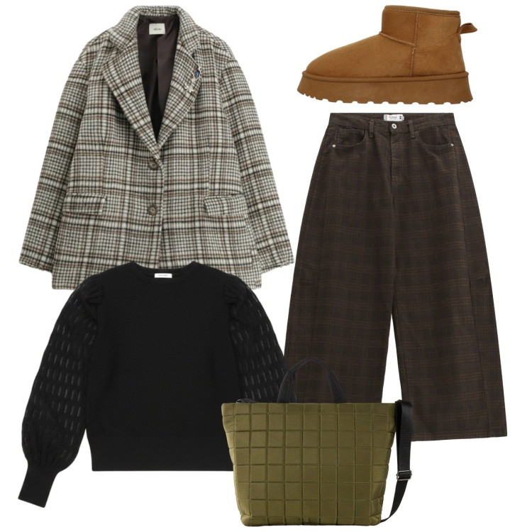 Outfit donna - Total look. Stile Casual per Tutti i giorni. Abbinamento con shopping bag, blazer, stivali, pantaloni, maglieria.