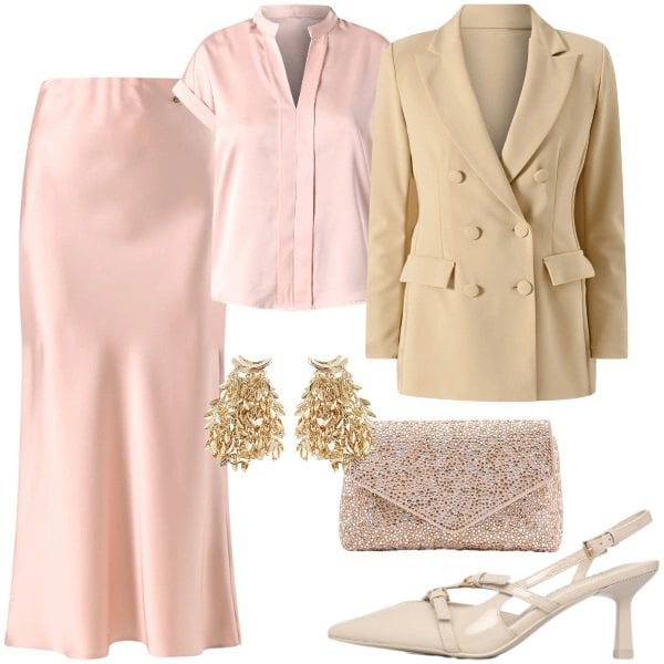 Outfit donna - Febbraio in tonalità soft - Focus Donna. Stile Bon Ton per Cerimonia. Abbinamento con décolleté, pochette, gonne, bluse, blazer, orecchini.