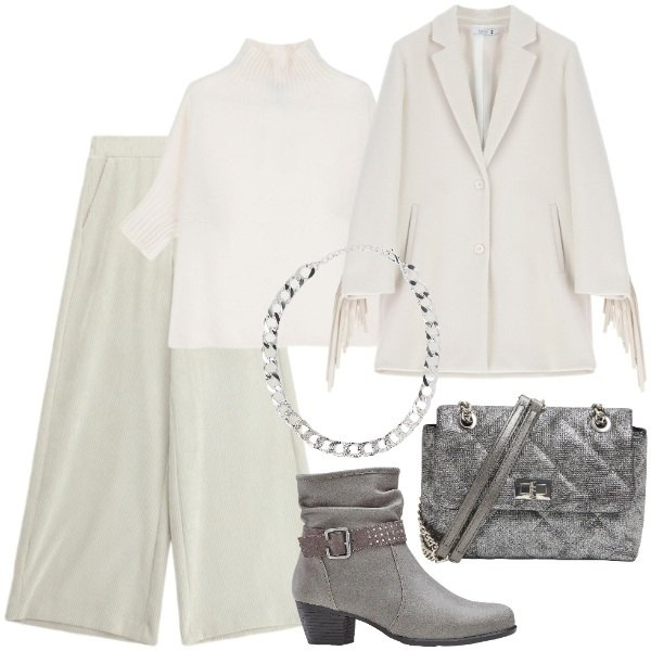 Outfit donna - Febbraio in tonalità soft - Focus Donna. Stile Trendy per Ufficio. Abbinamento con stivaletti, borse a tracolla, collane, pantaloni a palazzo, cappotti, maglieria.