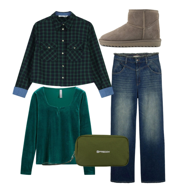 Outfit donna - Comoda ciniglia. Stile Basic per Scuola/Università. Abbinamento con jeans dritti, maglieria, valigie, camicie, stivali.