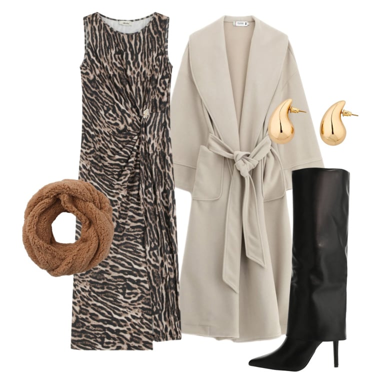 Outfit donna - Very chic. Stile Chic per Serata fuori. Abbinamento con orecchini, stivali, vestiti midi/longuette, sciarpe, cappotti.