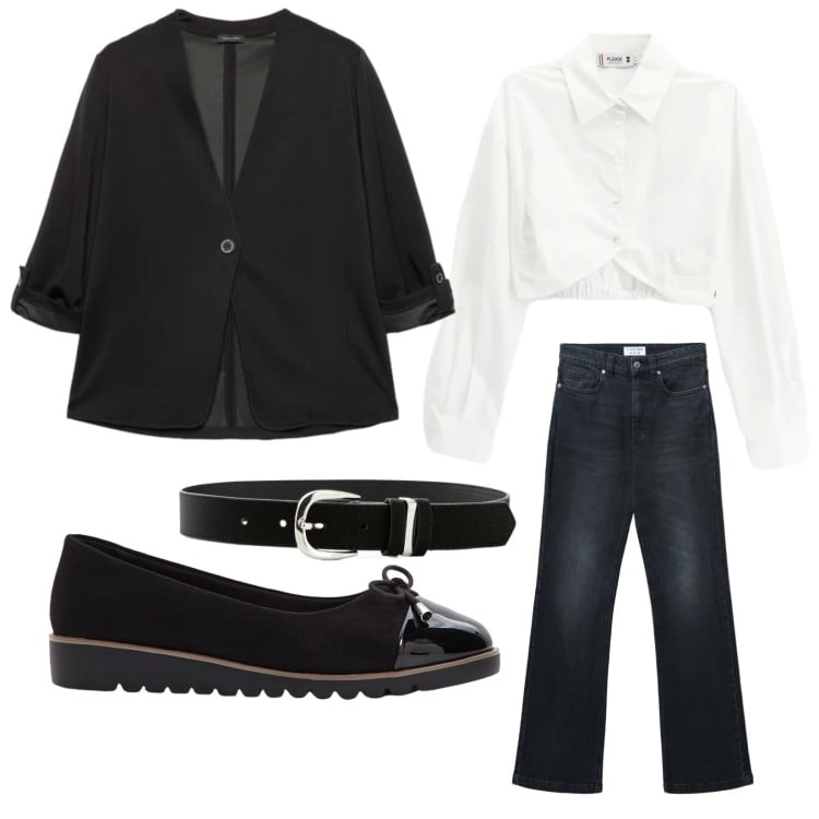 Outfit donna - Casual. Stile Casual per Tutti i giorni. Abbinamento con ballerine, cinture, blazer, jeans bootcut, camicie.