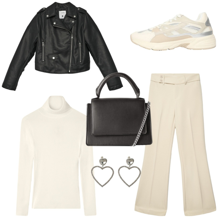 Outfit donna - Chiodo e colore panna look sofisticato. Stile Chic per Tutti i giorni. Abbinamento con pantaloni, borse a tracolla, giacche, maglieria, sneakers, orecchini.