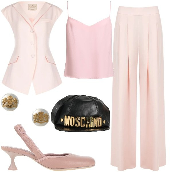 Outfit donna - Febbraio in tonalità soft - Focus Donna. Stile Romantica per Cerimonia. Abbinamento con top, décolleté, marsupi, pantaloni a palazzo, gilet, orecchini.