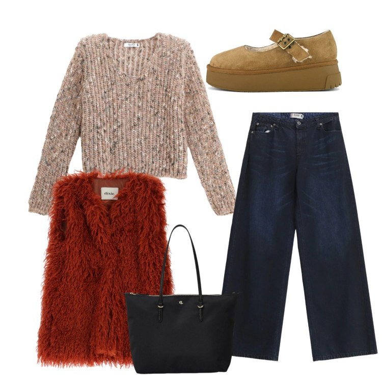Outfit donna - Total look. Stile Casual per Tutti i giorni. Abbinamento con gilet, jeans, maglieria, borse tote, décolleté.