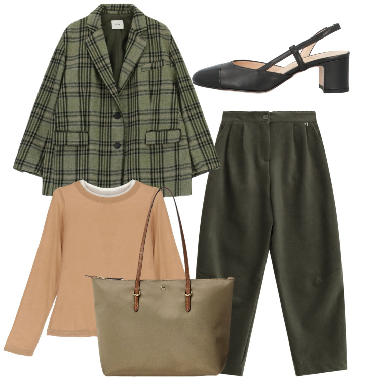 Outfit donna - Total look slingback. Stile Casual chic per Tutti i giorni. Abbinamento con décolleté, blazer, pantaloni a palazzo, t-shirt, borse tote.