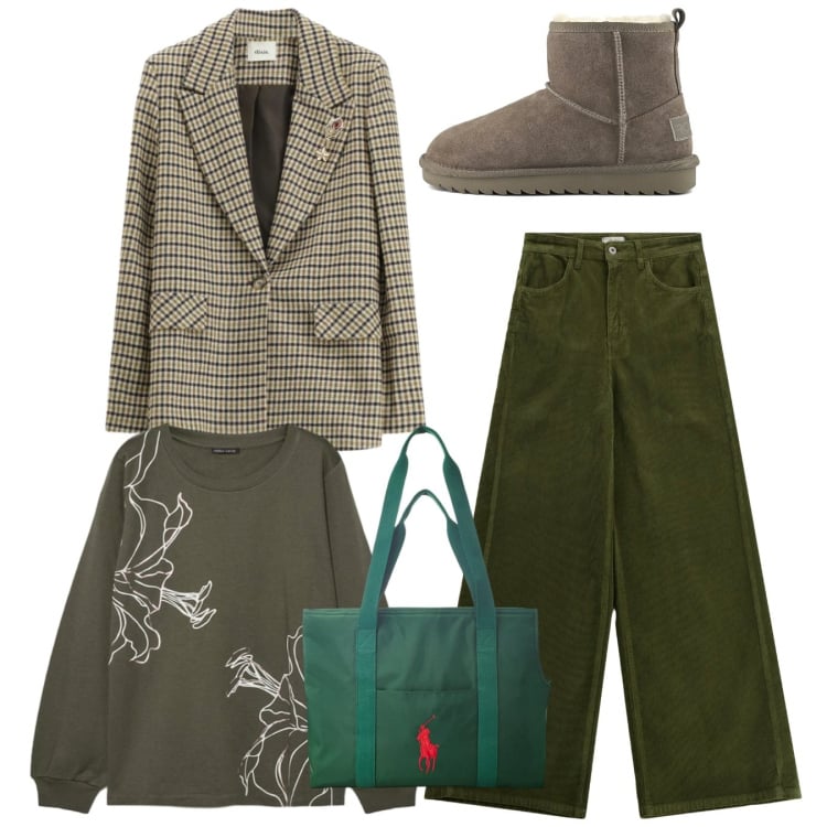 Outfit donna - Comoda. Stile Basic per Tutti i giorni. Abbinamento con felpe, borse tote, blazer, pantaloni a palazzo, stivali.