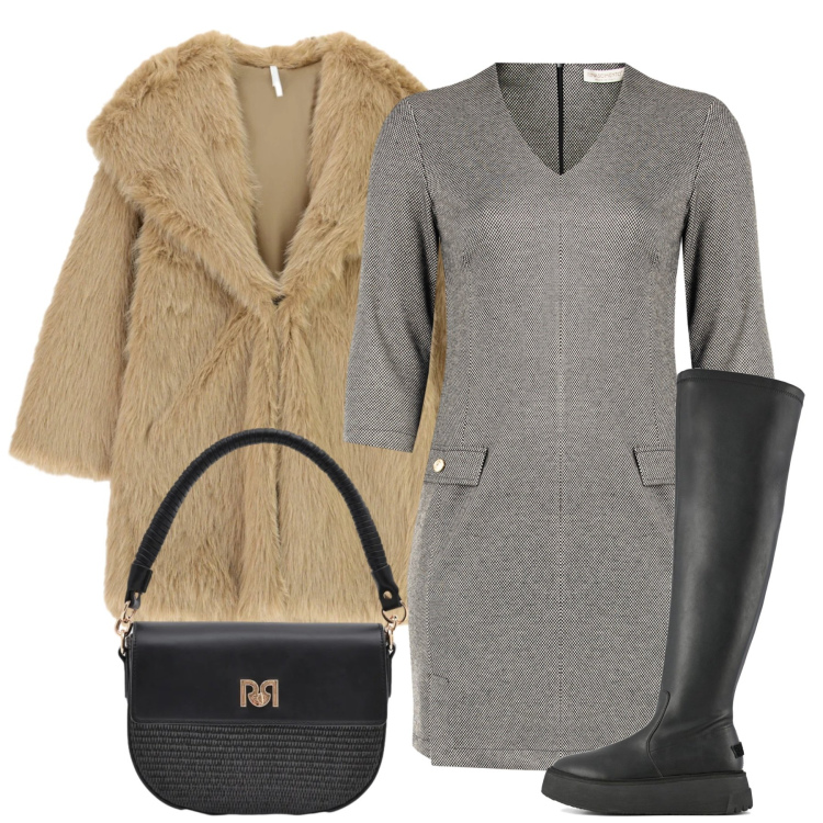 Outfit donna - Ufficio. Stile Bon Ton per Ufficio. Abbinamento con ecopellicce, vestiti corti, borse a spalla, stivali sopra il ginocchio.