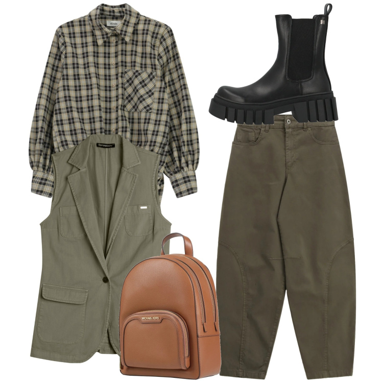 Outfit donna - Total look. Stile Basic per Tutti i giorni. Abbinamento con stivaletti, zaini, camicie, pantaloni, gilet.