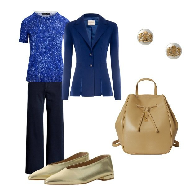 Outfit donna - venerdi in ufficio. Stile Casual per Ufficio. Abbinamento con ballerine, blazer, maglieria, orecchini, pantaloni, zaini.