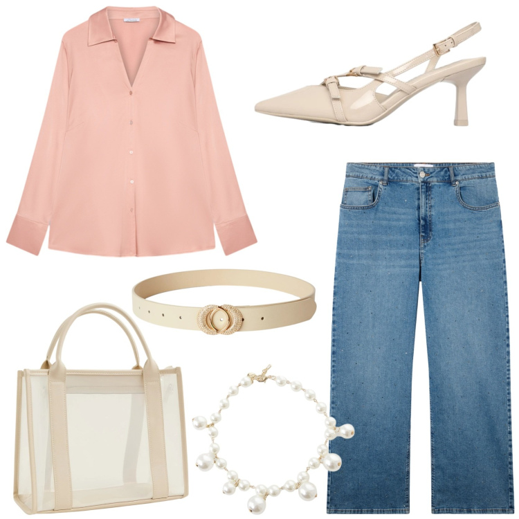 Outfit donna - Romantica in ufficio. Stile Chic per Ufficio. Abbinamento con camicie, borse tote, cinture, jeans, décolleté, collane.