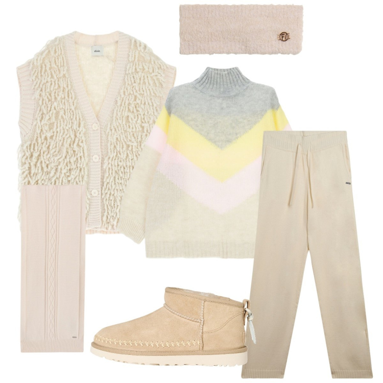 Outfit donna - In montagna. Stile Casual chic per Tutti i giorni. Abbinamento con stivaletti, maglieria, maglieria, pantaloni, fasce per capelli, sciarpe.