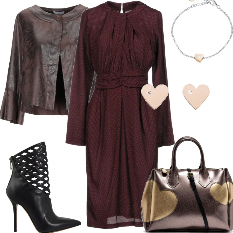 Outfit donna - Il cuore che vorrei. Stile Trendy per Ufficio. Abbinamento con vestito a tubino con arricciature a righe collo tondo a maniche lunghe con zip interno sfoderato in viscosa senza tasche crêpe, giacca effetto scamosciato collo tondo interno sfoderato tinta unita, borsa a mano taglia media con zip, orecchini, tronchetti, bracciale.
