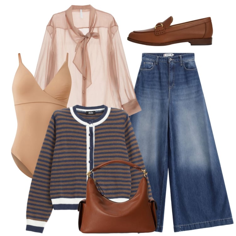 Outfit donna - Total look con tocco chic. Stile Casual chic per Tutti i giorni. Abbinamento con jeans, body, camicie, mocassini, borse a spalla, cardigans.
