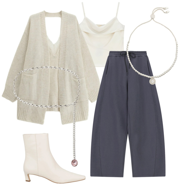 Outfit donna - Un tocco di luce in inverno. Stile Chic per Tutti i giorni. Abbinamento con stivaletti, pantaloni a palazzo, canottiere, cinture, cardigans, braccialetti.