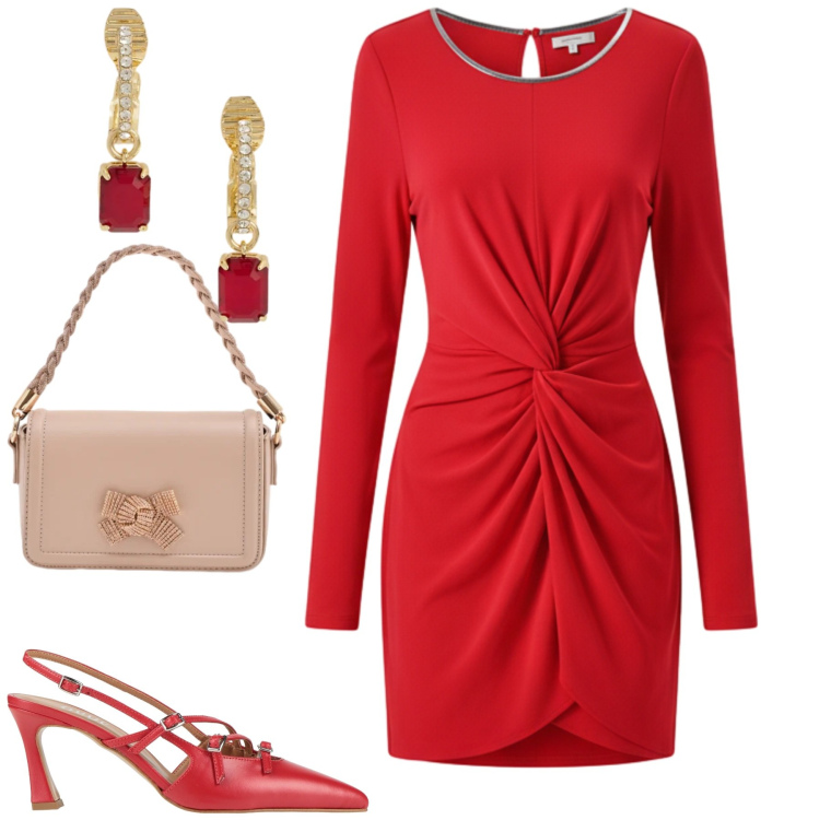 Outfit donna - Red. Stile Glamour per Serata fuori. Abbinamento con décolleté, pochette, vestiti a tubino, orecchini.