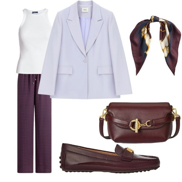Outfit donna - viola. Stile Casual chic per Tutti i giorni. Abbinamento con blazer, mocassini, pantaloni, canottiere, borse a tracolla, foulard.
