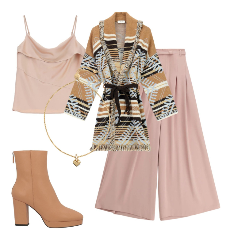 Outfit donna - Un tocco di luce in inverno. Stile Bon Ton per Tutti i giorni. Abbinamento con stivaletti, pantaloni a palazzo, canottiere, cardigans, braccialetti.