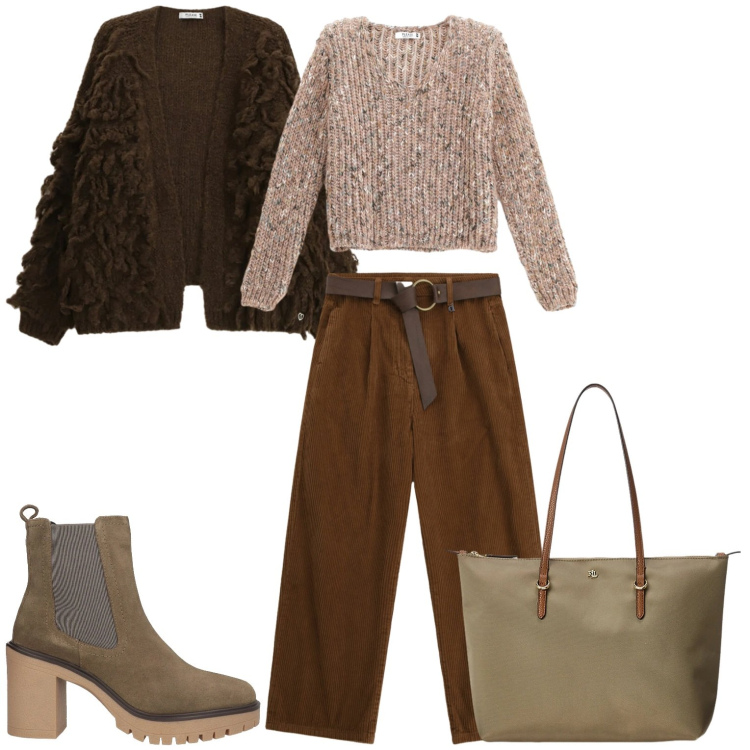 Outfit donna - Total look. Stile Casual per Tutti i giorni. Abbinamento con stivaletti chelsea, pantaloni a palazzo, cardigans, maglieria, borse tote.