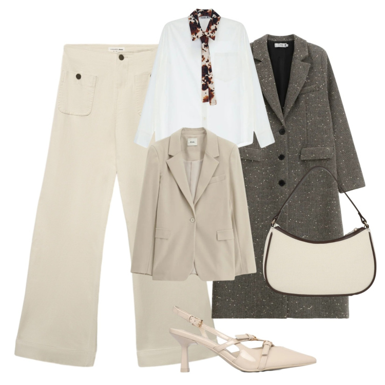 Outfit donna - Jeans chiari. Stile Minimal per Ufficio. Abbinamento con blazer, jeans, borse a tracolla, décolleté, cappotti, camicie.