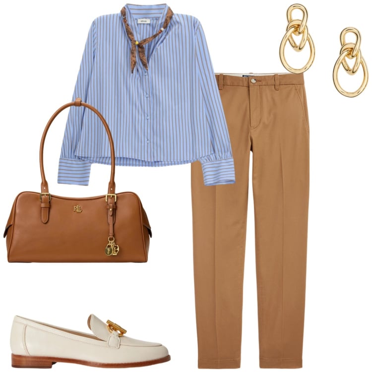 Outfit donna - City. Stile Casual chic per Tutti i giorni. Abbinamento con camicie, pantaloni chino, mocassini, borse a mano, orecchini.