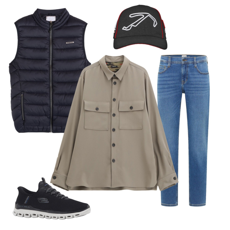 Outfit uomo - Casual Tecnico e Funzionale. Stile Urban per Tutti i giorni. Abbinamento con sneakers, jeans bootcut, camicie, cappelli con visiera, piumini.