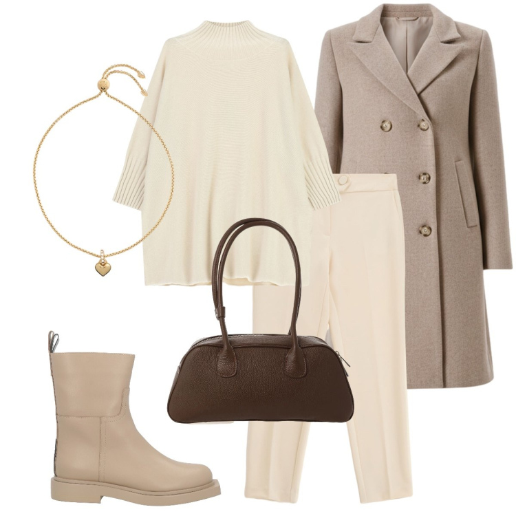 Outfit donna - Toni soft. Stile Chic per Tutti i giorni. Abbinamento con stivaletti, pantaloni, maglieria, borse a mano, cappotti, braccialetti.