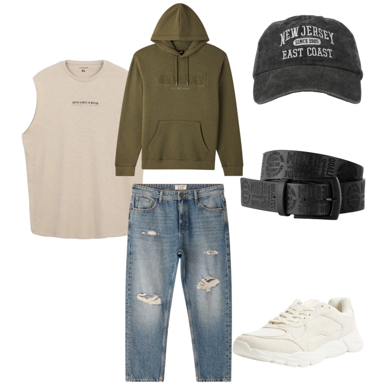 Outfit uomo - Urban Rugged. Stile Urban per Tutti i giorni. Abbinamento con cinture, sneakers, cappelli con visiera, t-shirt sportive, felpe con cappuccio, jeans strappati.
