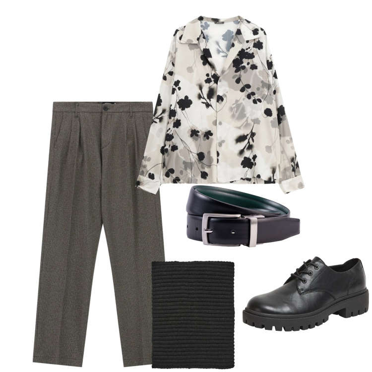 Outfit uomo - Noir Floral Elegance. Stile Trendy per Serata speciale. Abbinamento con camicie, pantaloni, scarpe stringate, scaldacollo, cinture.