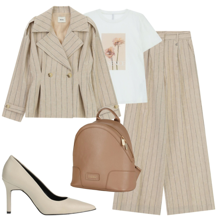 Outfit donna - City. Stile Urban per Tutti i giorni. Abbinamento con décolleté, zaini, t-shirt, pantaloni a palazzo, blazer.