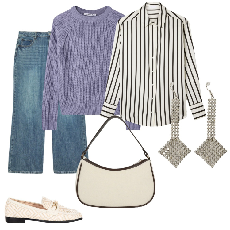 Outfit donna - Total look #2339942. Stile Casual chic per Ufficio. Abbinamento con orecchini, camicie, maglieria, borse a tracolla, mocassini, jeans.