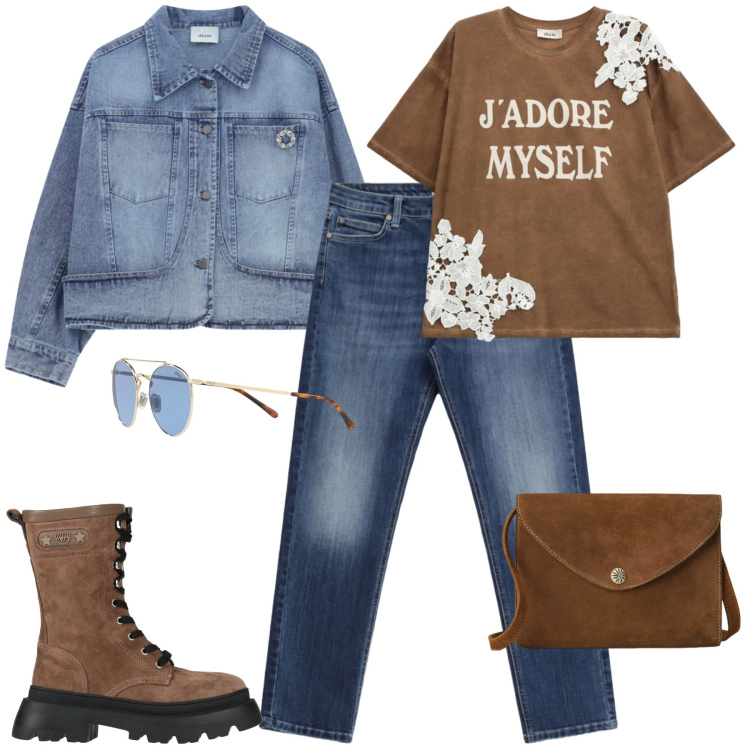 Outfit donna - City. Stile Casual per Tutti i giorni. Abbinamento con stivaletti, t-shirt, blazer, jeans, borse a tracolla, occhiali da sole.