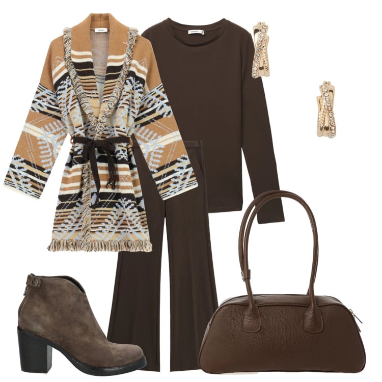 Outfit donna - Total look #2339949. Stile Casual chic per Ufficio. Abbinamento con stivaletti, t-shirt, pantaloni, orecchini, cardigans, borse a mano.