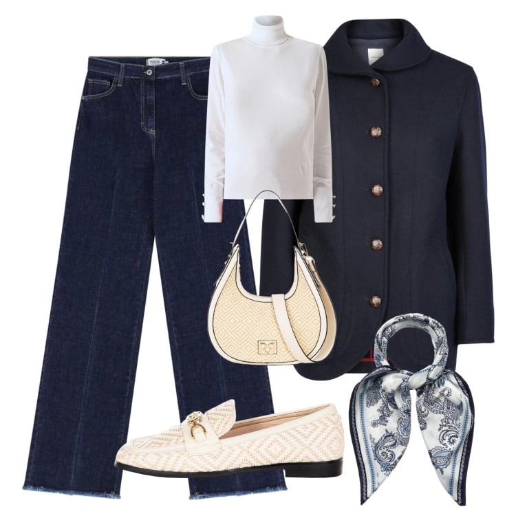 Outfit donna - In office. Stile Casual chic per Ufficio. Abbinamento con foulard, jeans, mocassini, maglieria, borse a mano, blazer.
