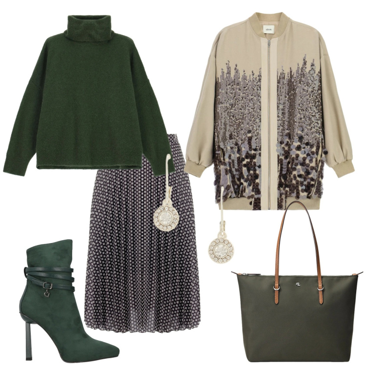 Outfit donna - Total look #2339955. Stile Casual chic per Ufficio. Abbinamento con stivaletti, maglieria, bomber, gonne longuette, borse tote, orecchini.