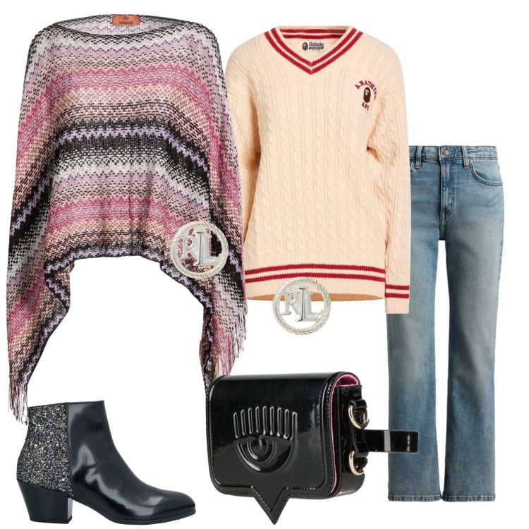 Outfit donna - Total look #2339962. Stile Casual chic per Ufficio. Abbinamento con stivaletti, pullovers, marsupi, cappotti, orecchini, jeans dritti.